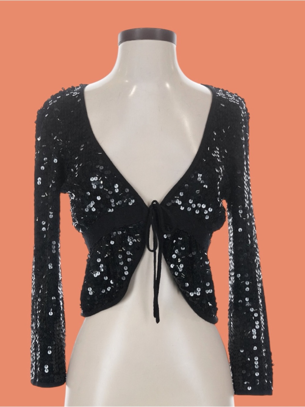 BEBE Black Silk Sequin Tie-Front Cardigan!